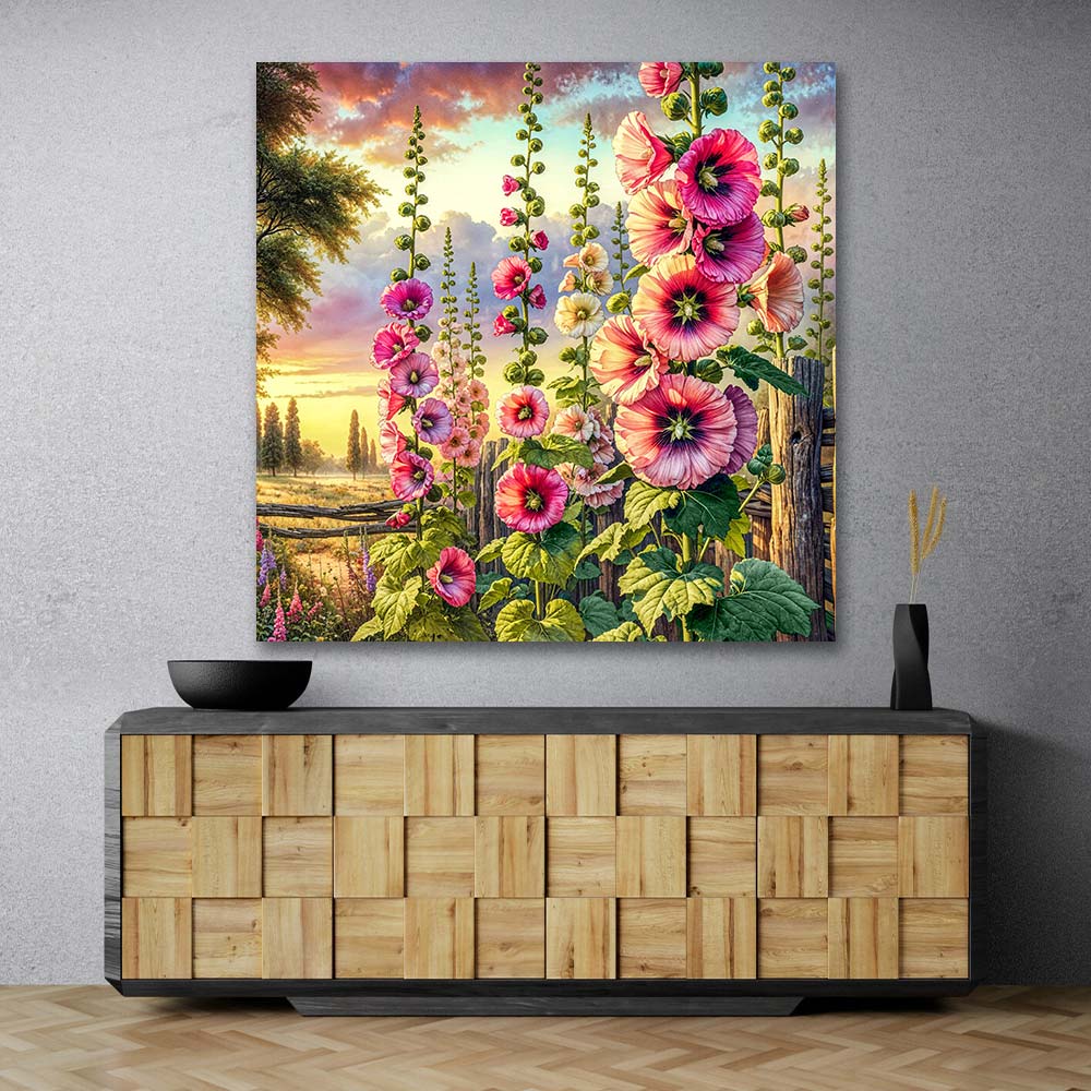 5D Diamond Painting – Stockrosen im Abendgold Unique-Diamond
