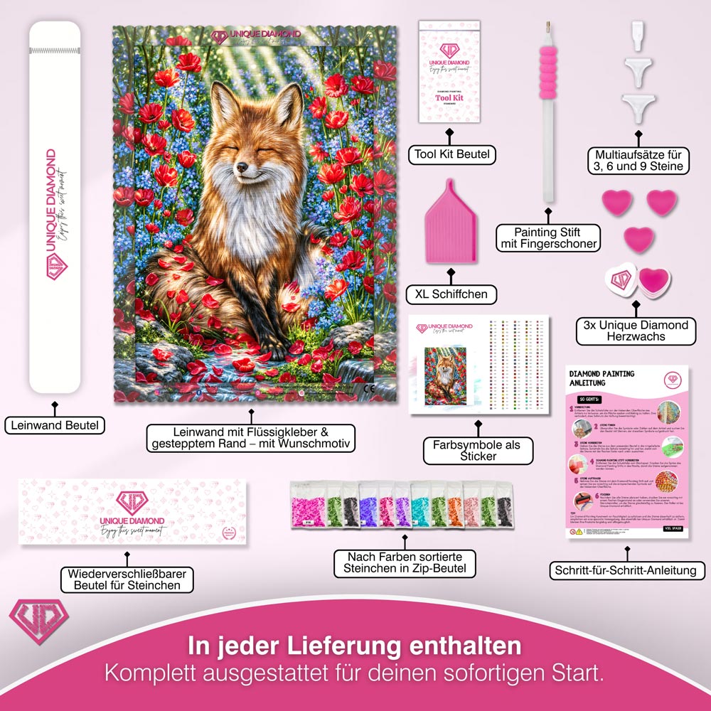 5D Diamond Painting – Traumfuchs im Blütenlicht