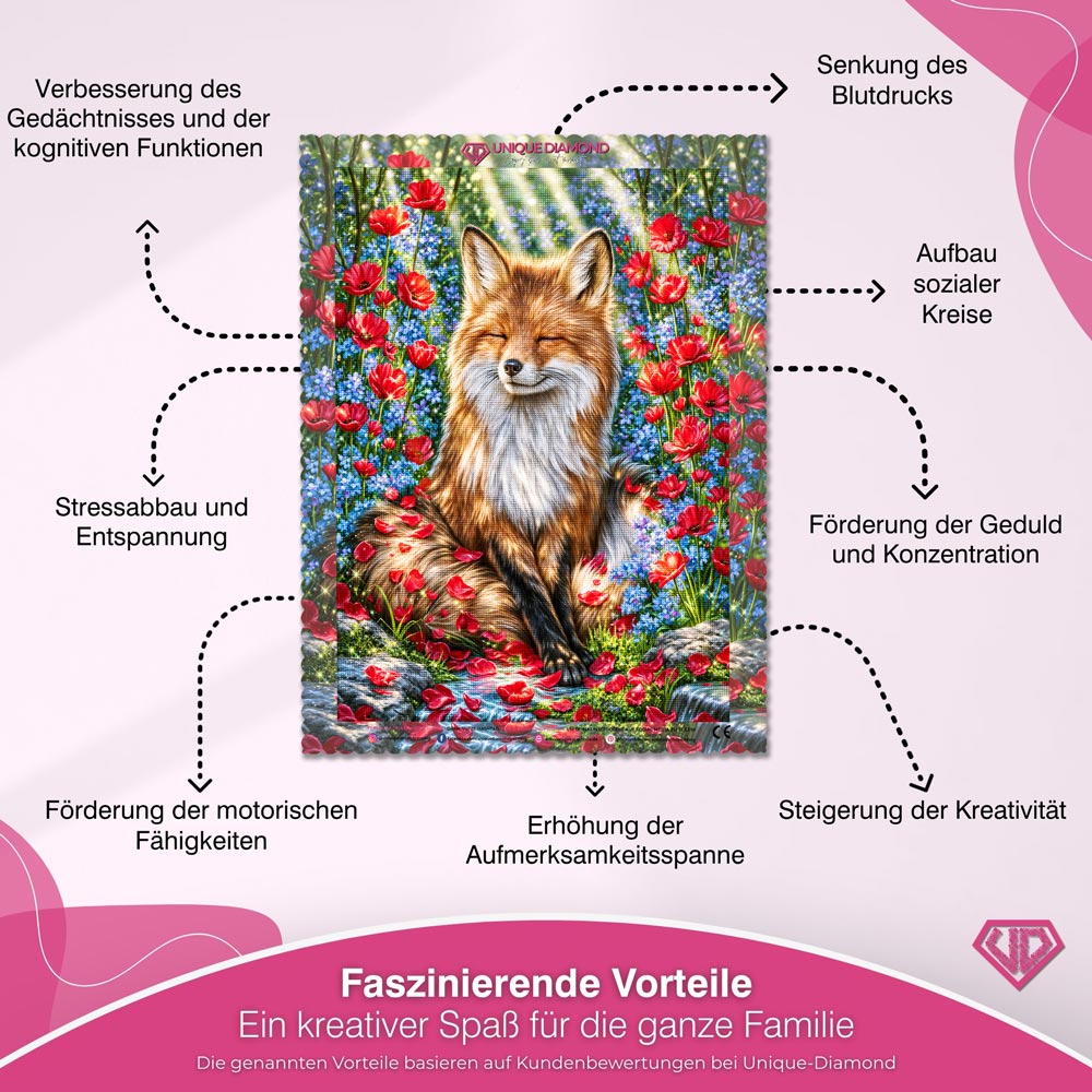 5D Diamond Painting – Traumfuchs im Blütenlicht