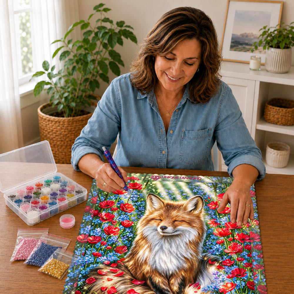 5D Diamond Painting – Traumfuchs im Blütenlicht