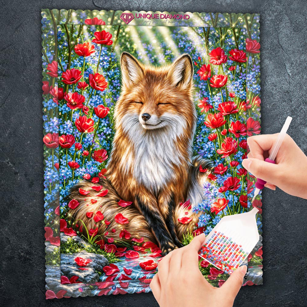 5D Diamond Painting – Traumfuchs im Blütenlicht