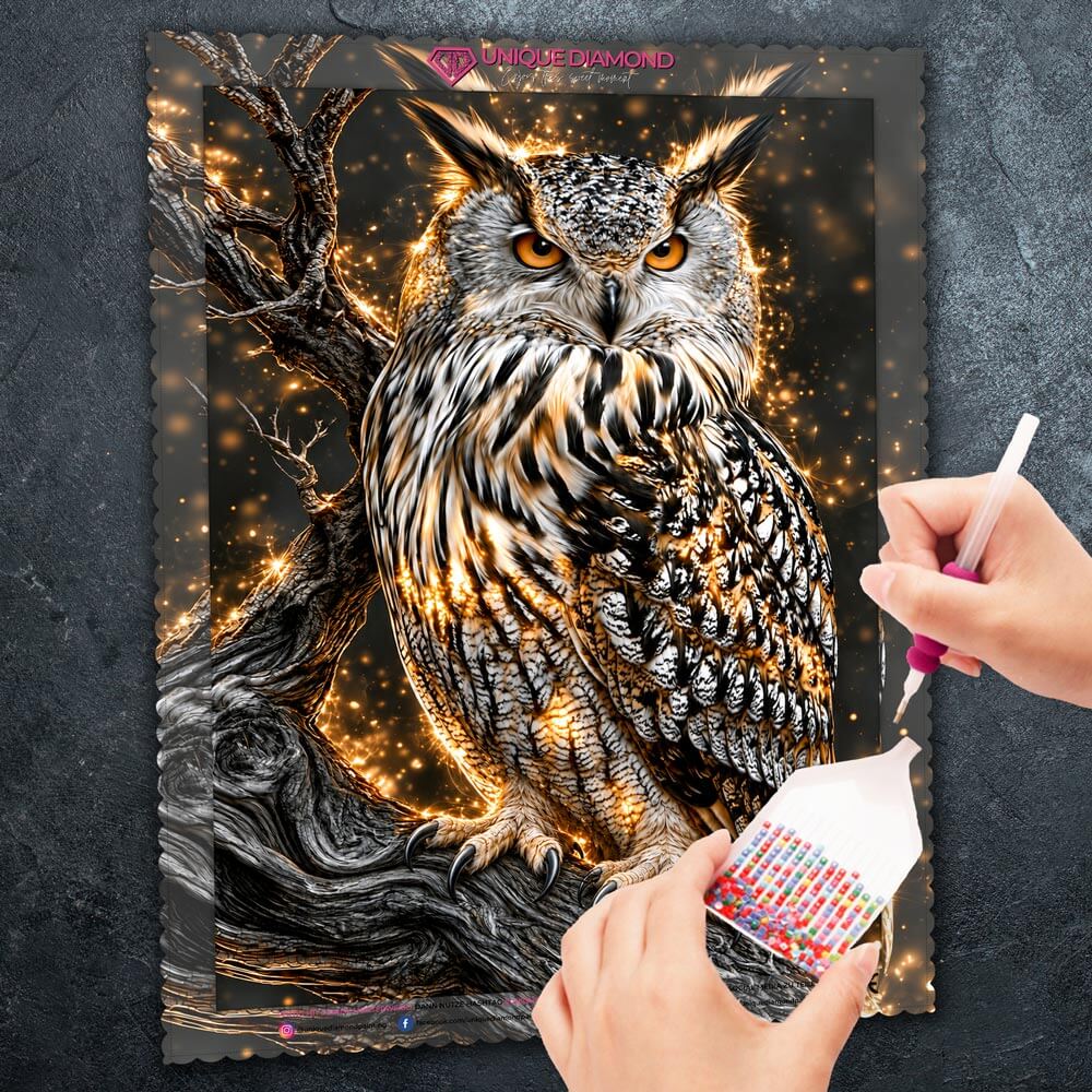 5D Diamond Painting – Uhu im goldenen Nachtzauber