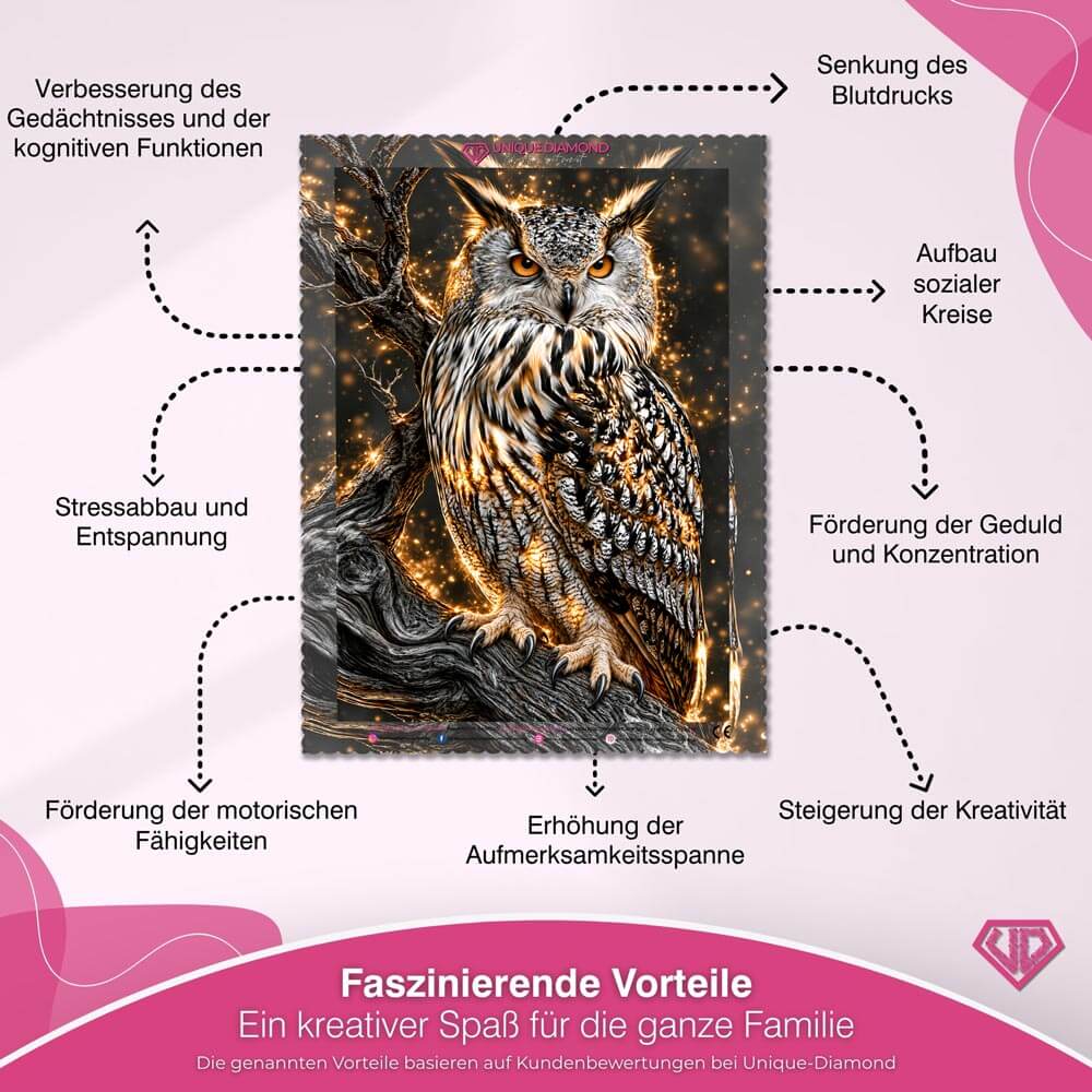 5D Diamond Painting – Uhu im goldenen Nachtzauber