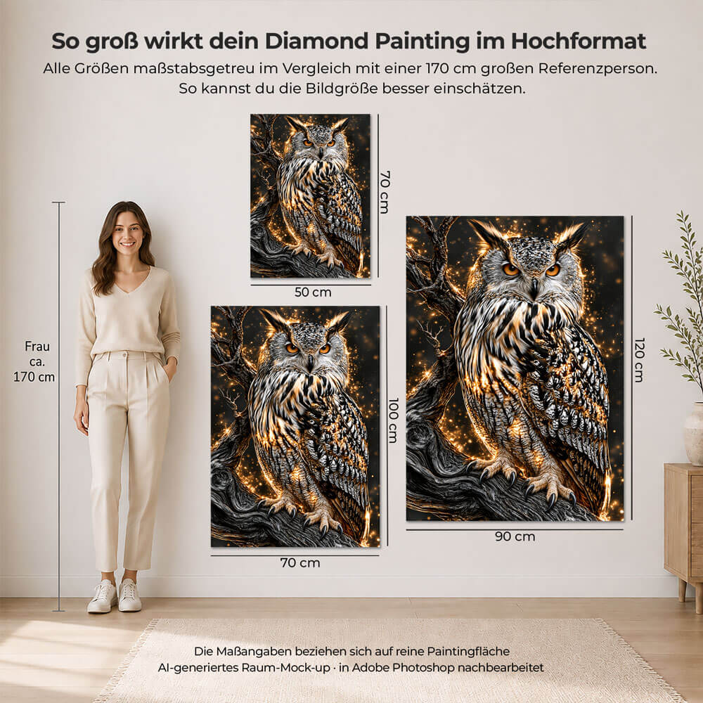 5D Diamond Painting – Uhu im goldenen Nachtzauber