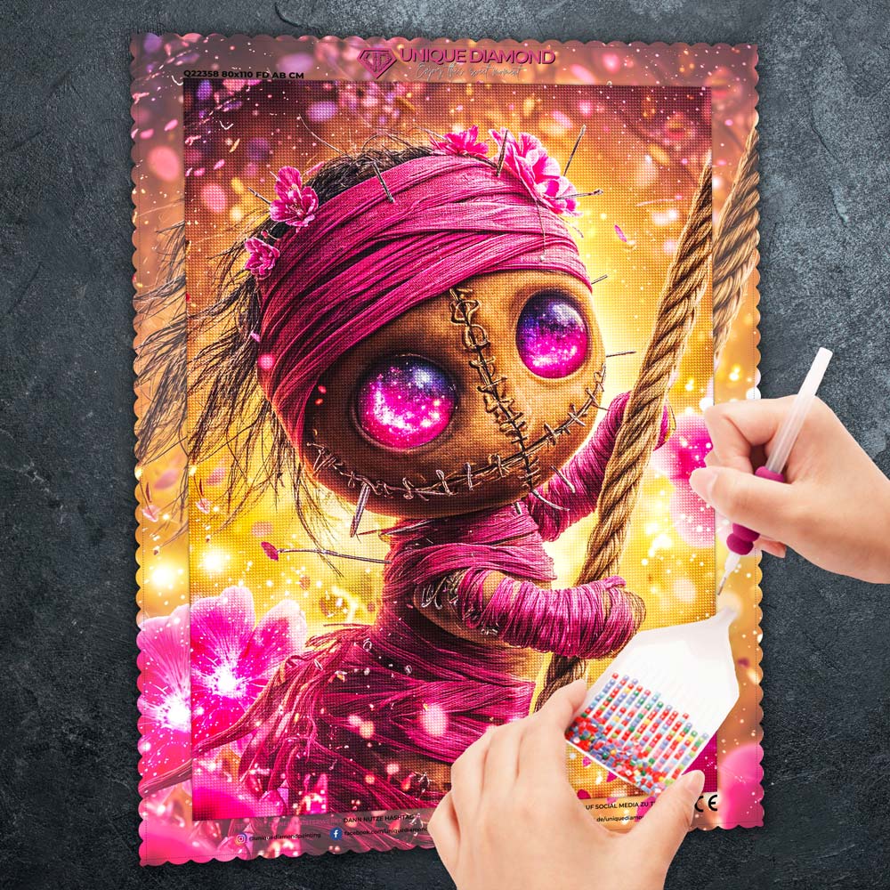 5D Diamond Painting – Violettauge Vimi auf Abenteuerreise, Unique-Diamond
