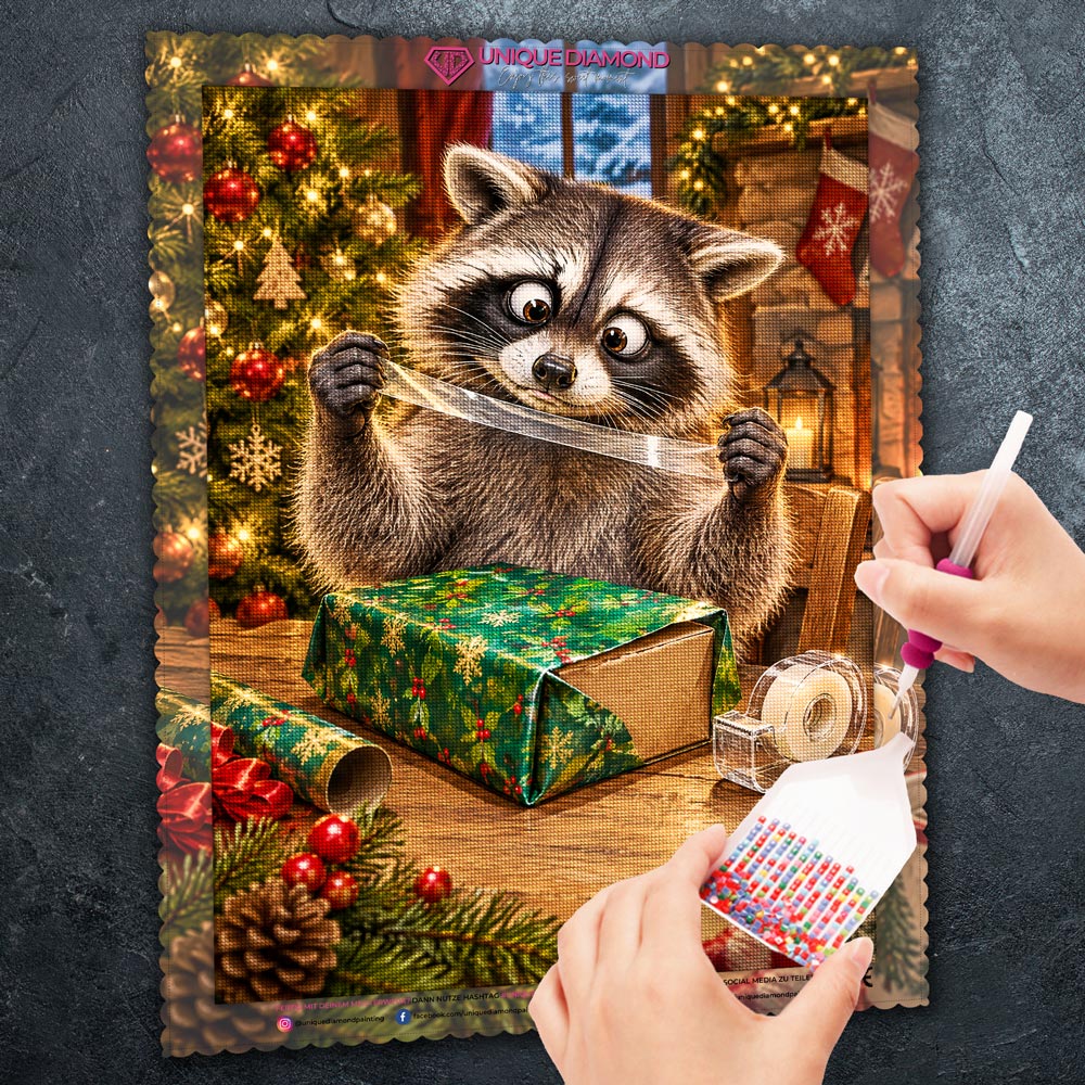 5D Diamond Painting – Waschbär im Klebebandchaos