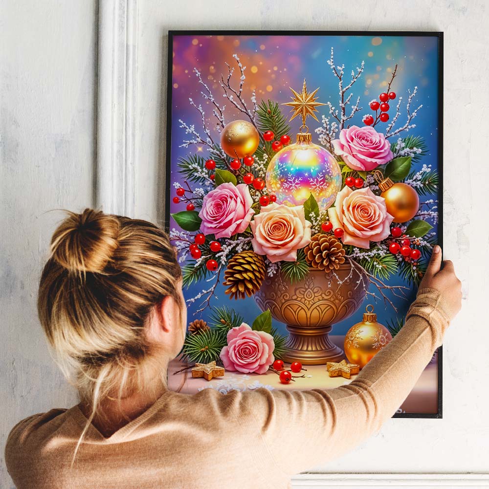 5D Diamond Painting – Weihnachtsbouquet mit Rosen und Kugeln Unique-Diamond