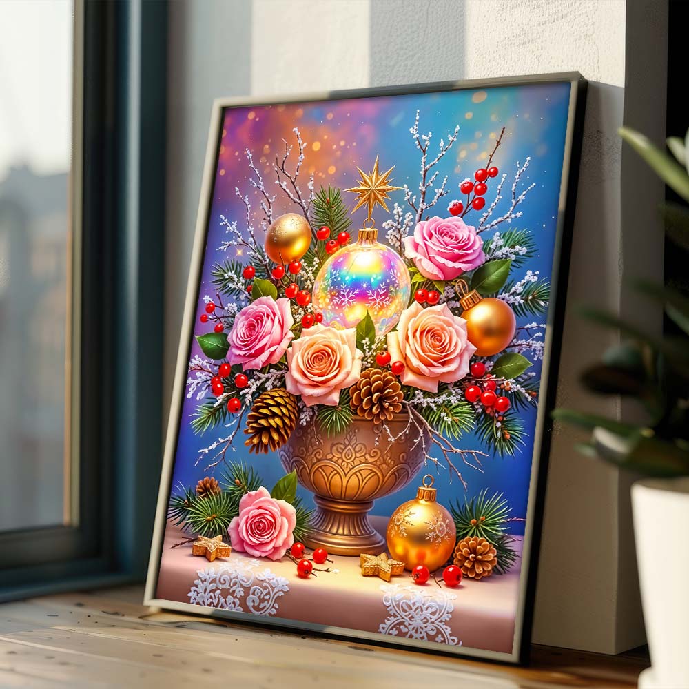 5D Diamond Painting – Weihnachtsbouquet mit Rosen und Kugeln Unique-Diamond