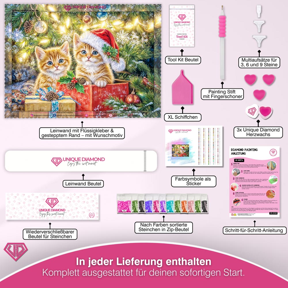 5D Diamond Painting – Weihnachtskätzchen im Geschenkzauber, Unique-Diamond