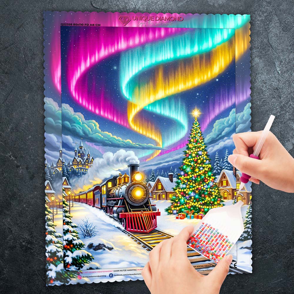 5D Diamond Painting – Weihnachtszug & Polarlichtmagie Unique-Diamond