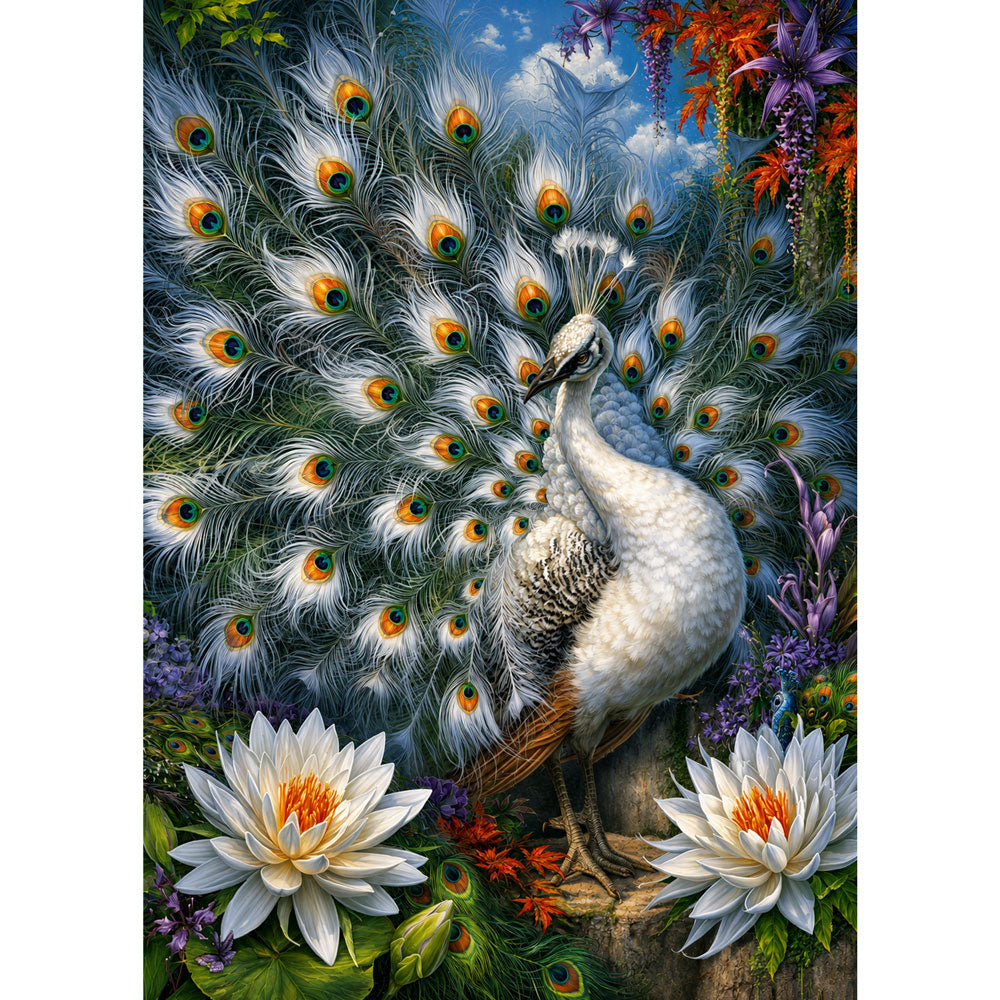 5D Diamond Painting – Weißer Pfau im Blütenparadies | Unique Diamond