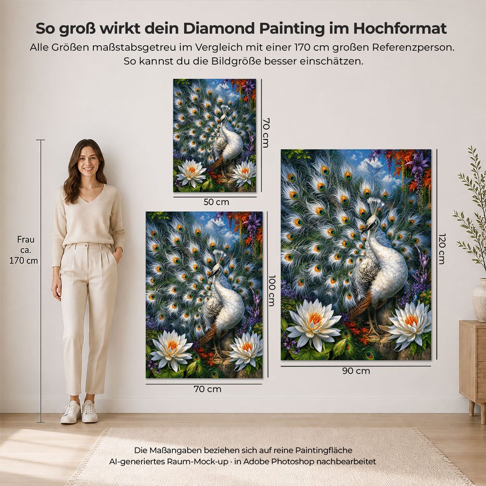 5D Diamond Painting – Weißer Pfau im Blütenparadies