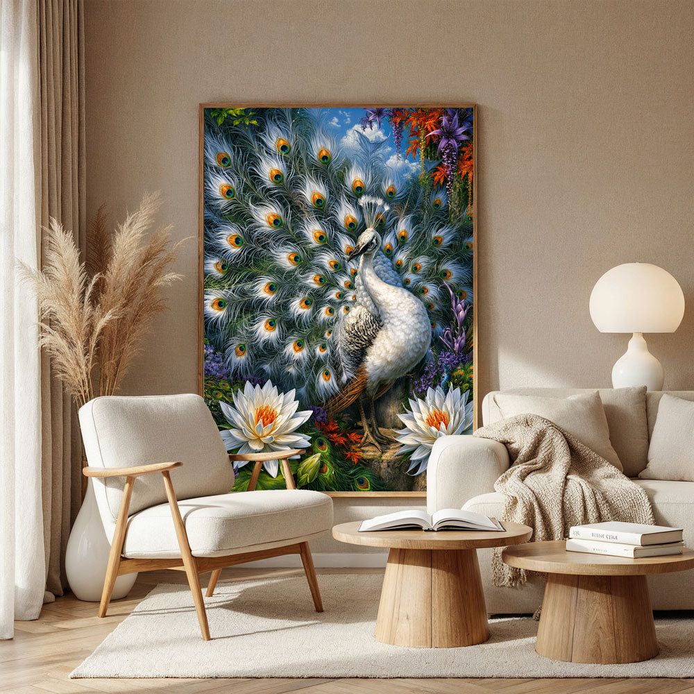 5D Diamond Painting – Weißer Pfau im Blütenparadies