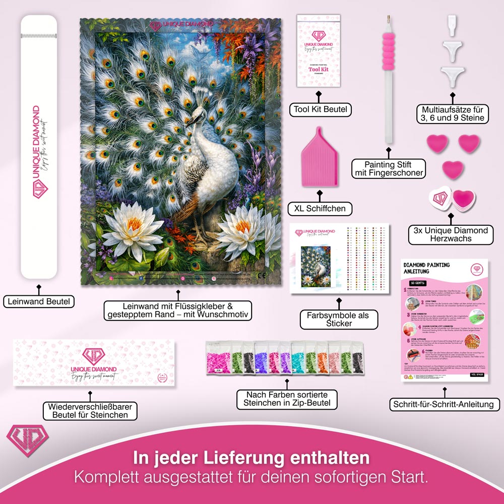 5D Diamond Painting – Weißer Pfau im Blütenparadies
