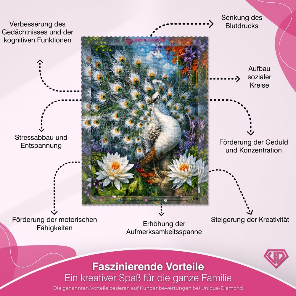 5D Diamond Painting – Weißer Pfau im Blütenparadies
