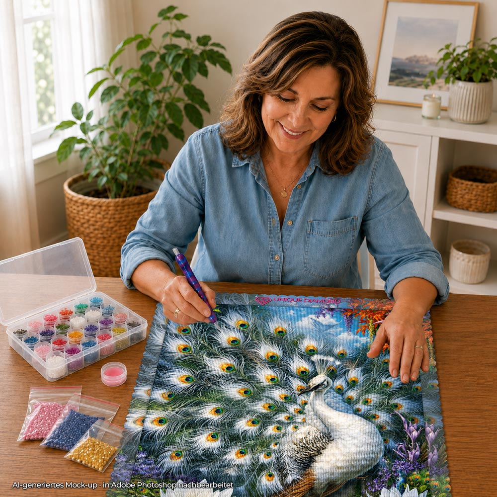 5D Diamond Painting – Weißer Pfau im Blütenparadies