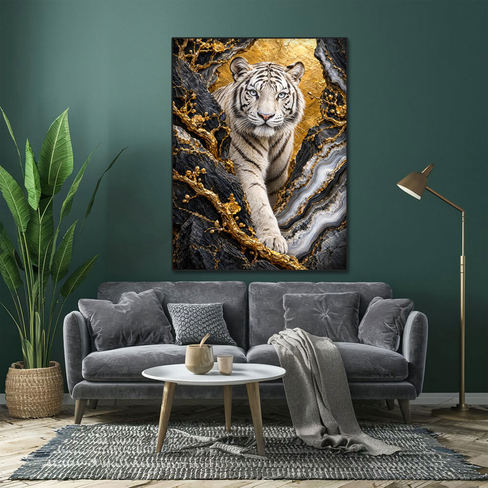 5D Diamond Painting – Weißer Tiger im goldenen Blütenfels