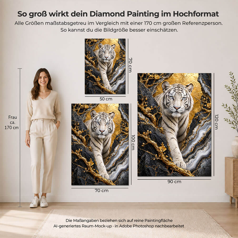 5D Diamond Painting – Weißer Tiger im goldenen Blütenfels