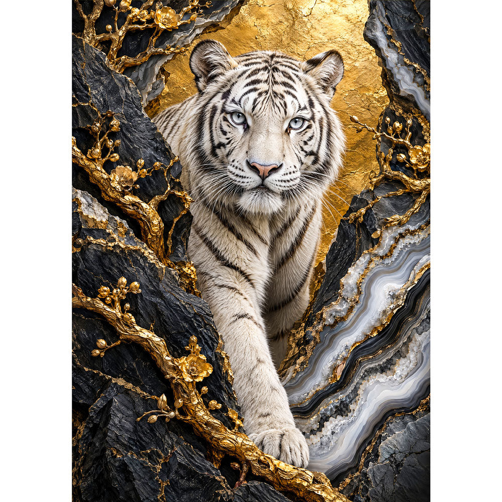 5D Diamond Painting – Weißer Tiger im goldenen Blütenfels | Unique Diamond