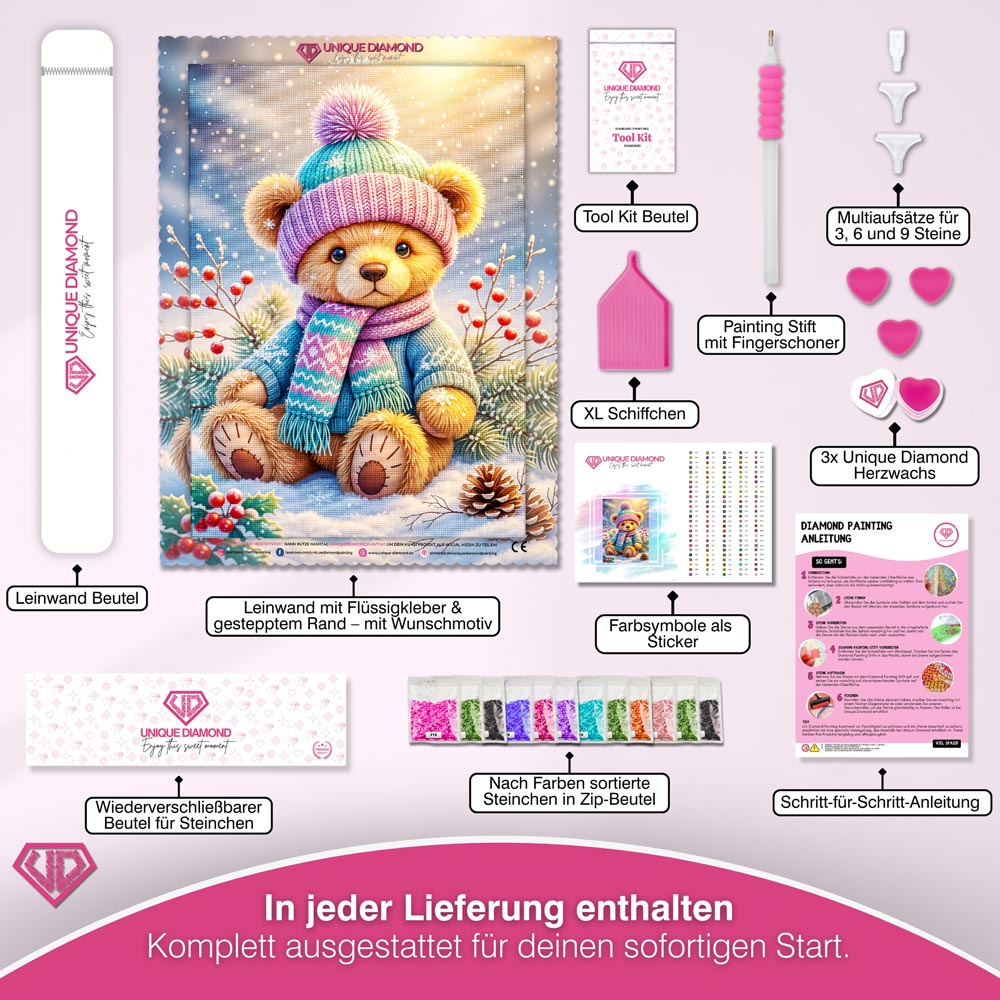 5D Diamond Painting – Winterbär Emil im Schneegarten Unique-Diamond