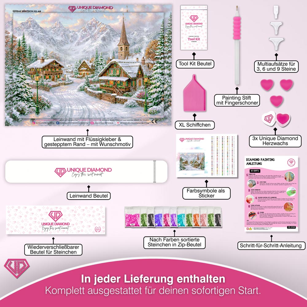 5D Diamond Painting – Winterdorf im Alpenglühen