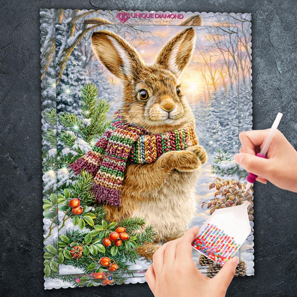 5D Diamond Painting – Winterhase im Kuschelschal