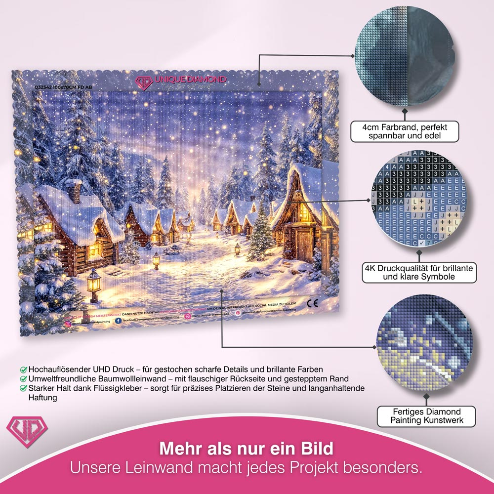 5D Diamond Painting – Winterstille im Hüttendorf, Unique-Diamond