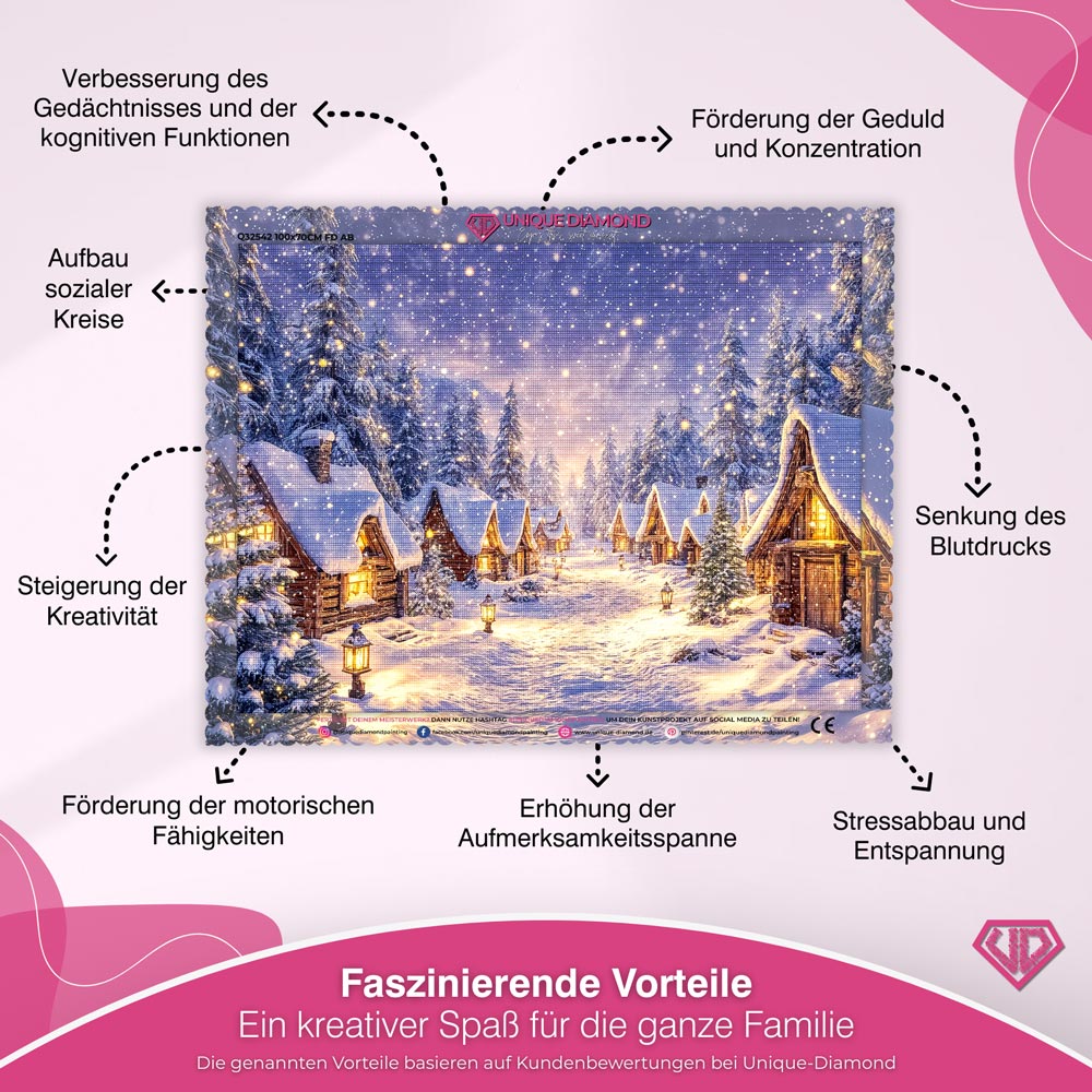 5D Diamond Painting – Winterstille im Hüttendorf, Unique-Diamond