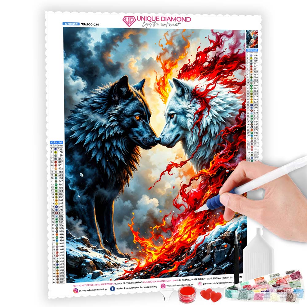 5D Diamond Painting – Wölfe des Feuers und Eises, Unique-Diamond