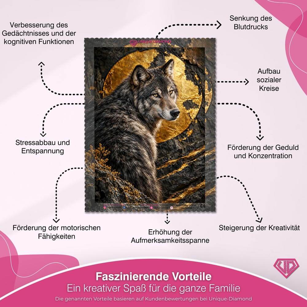 5D Diamond Painting – Wolf vor dem Goldmond