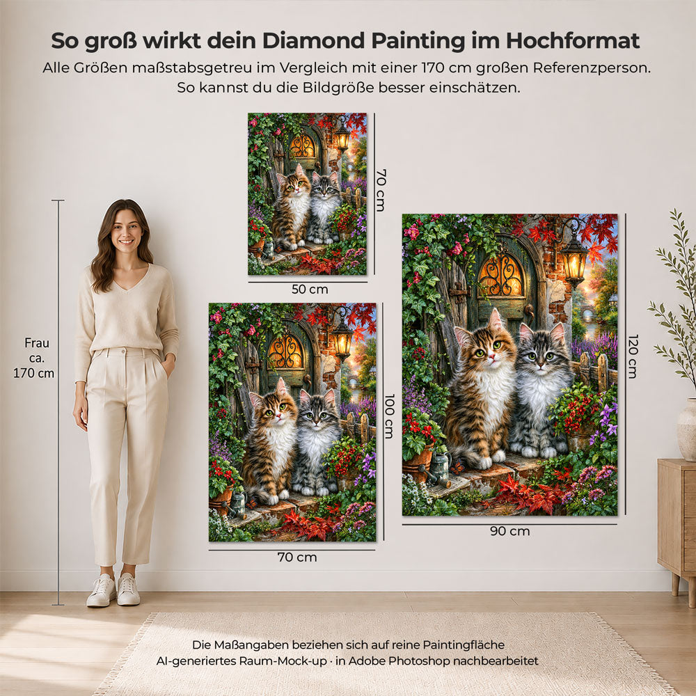 5D Diamond Painting – Zauberhafte Kätzchen am Gartentor