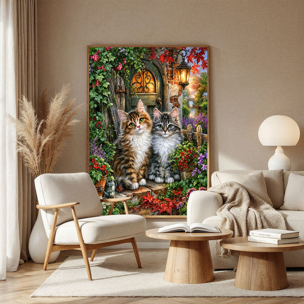 5D Diamond Painting – Zauberhafte Kätzchen am Gartentor