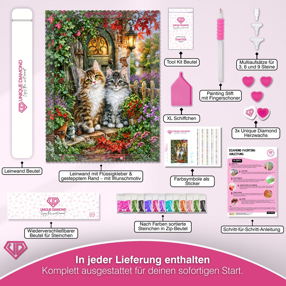 5D Diamond Painting – Zauberhafte Kätzchen am Gartentor