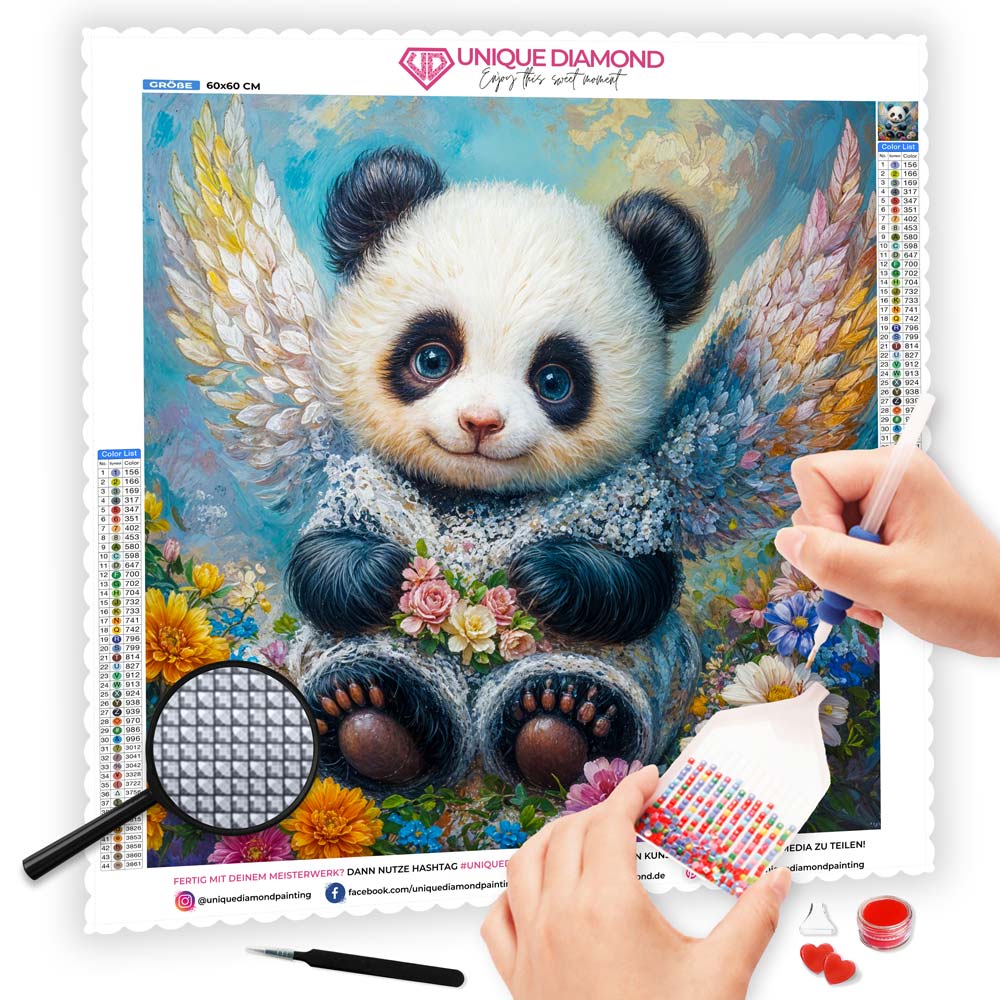 5D Diamond Painting mit AB-Effekt - Blumiger Pandawächter mit 100 Farben, Unique-Diamond