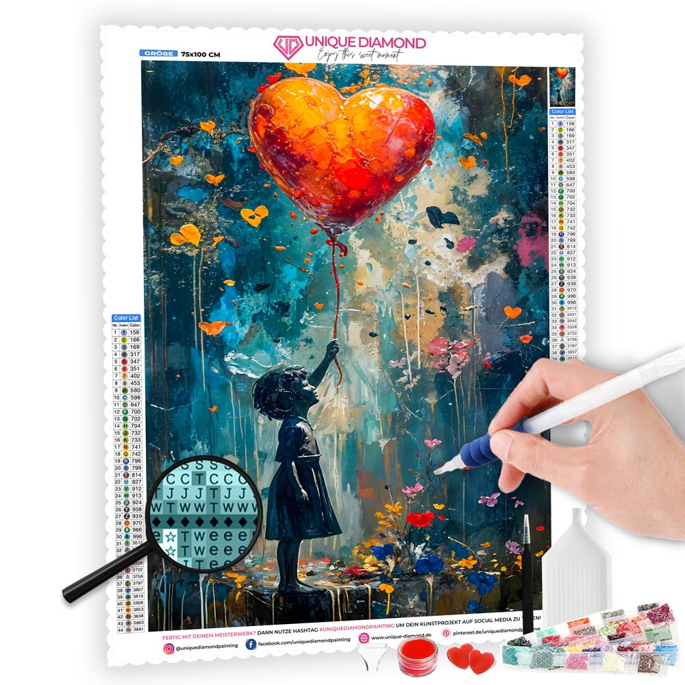 5D Diamond Painting mit AB-Effekt - Herzballon der Hoffnung, Unique-Diamond