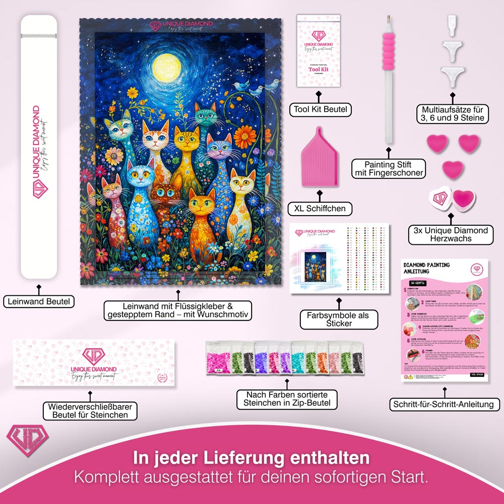 5D Diamond Painting - Nacht der Blumenkatzen Unique-Diamond