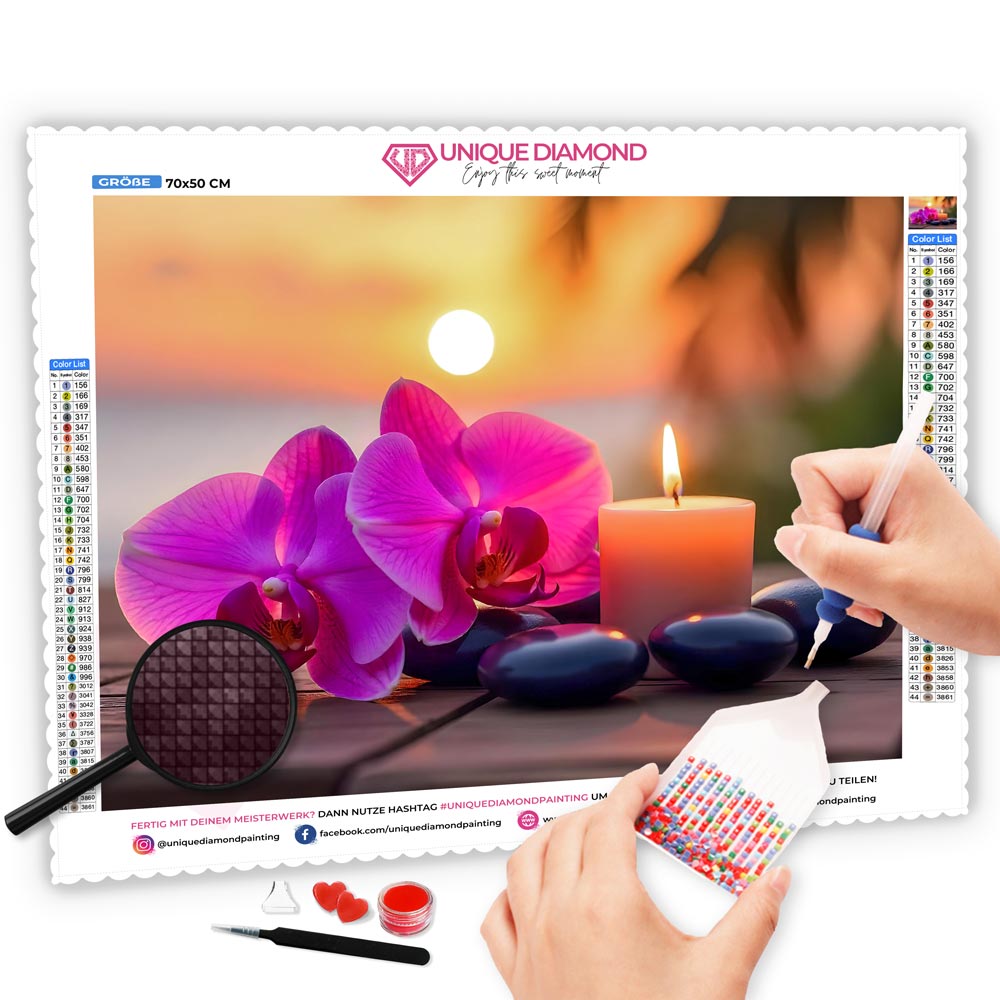 5D Diamond Painting mit AB-Effekt – Orchideenruhe im Sonnenuntergang, Unique-Diamond