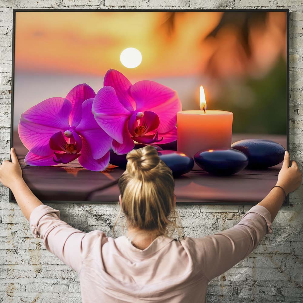 5D Diamond Painting mit AB-Effekt – Orchideenruhe im Sonnenuntergang, Unique-Diamond