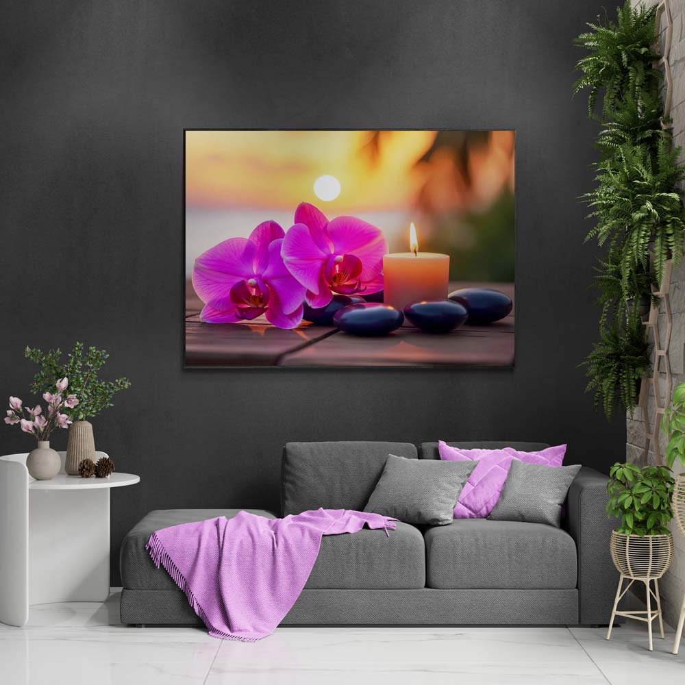 5D Diamond Painting mit AB-Effekt – Orchideenruhe im Sonnenuntergang, Unique-Diamond