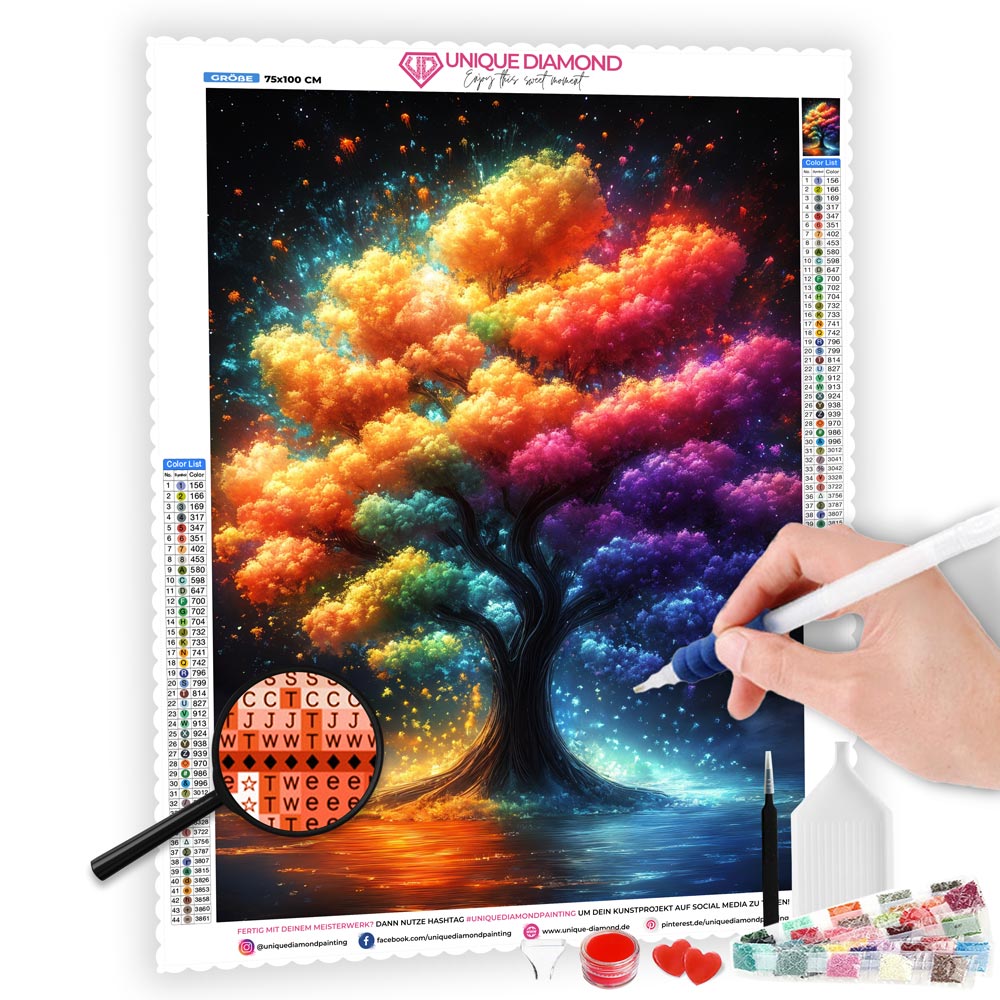 5D Diamond Painting mit AB-Effekt - Regenbogenbaum mit 100 Farben, Unique-Diamond