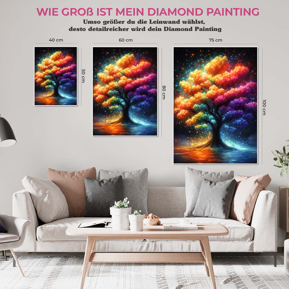 5D Diamond Painting mit AB-Effekt - Regenbogenbaum mit 100 Farben, Unique-Diamond