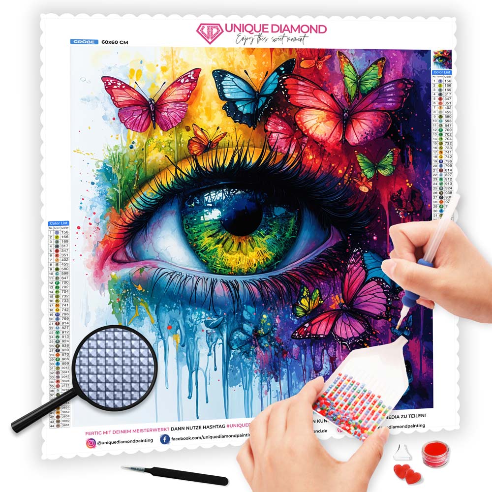 5D Diamond Painting mit AB-Effekt - Schmetterlingsblick mit 100 Farben, Unique-Diamond