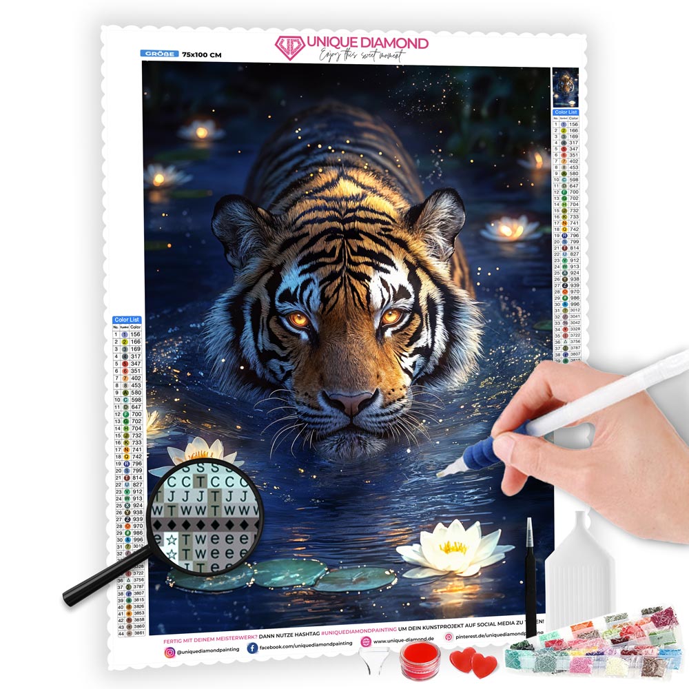 5D Diamond Painting mit AB-Effekt - Tiger im Wasser, Unique-Diamond