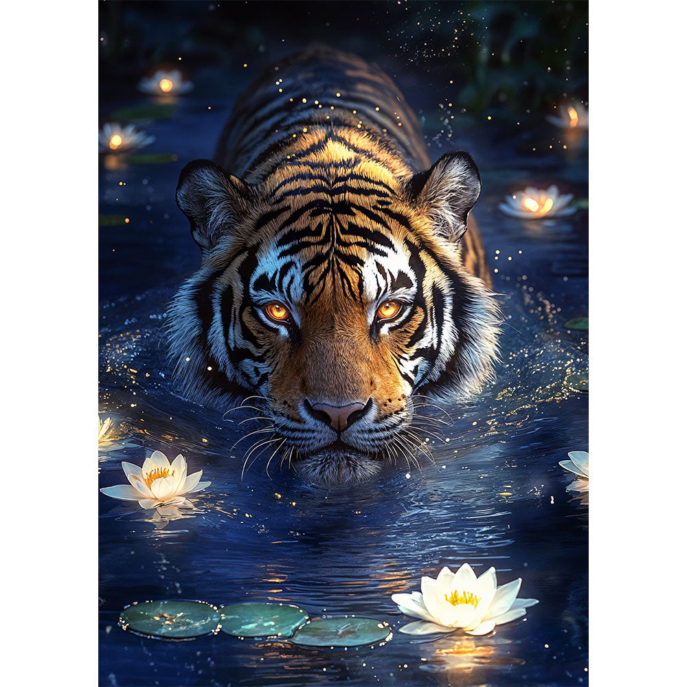 5D Diamond Painting mit AB-Effekt - Tiger im Wasser, Unique-Diamond