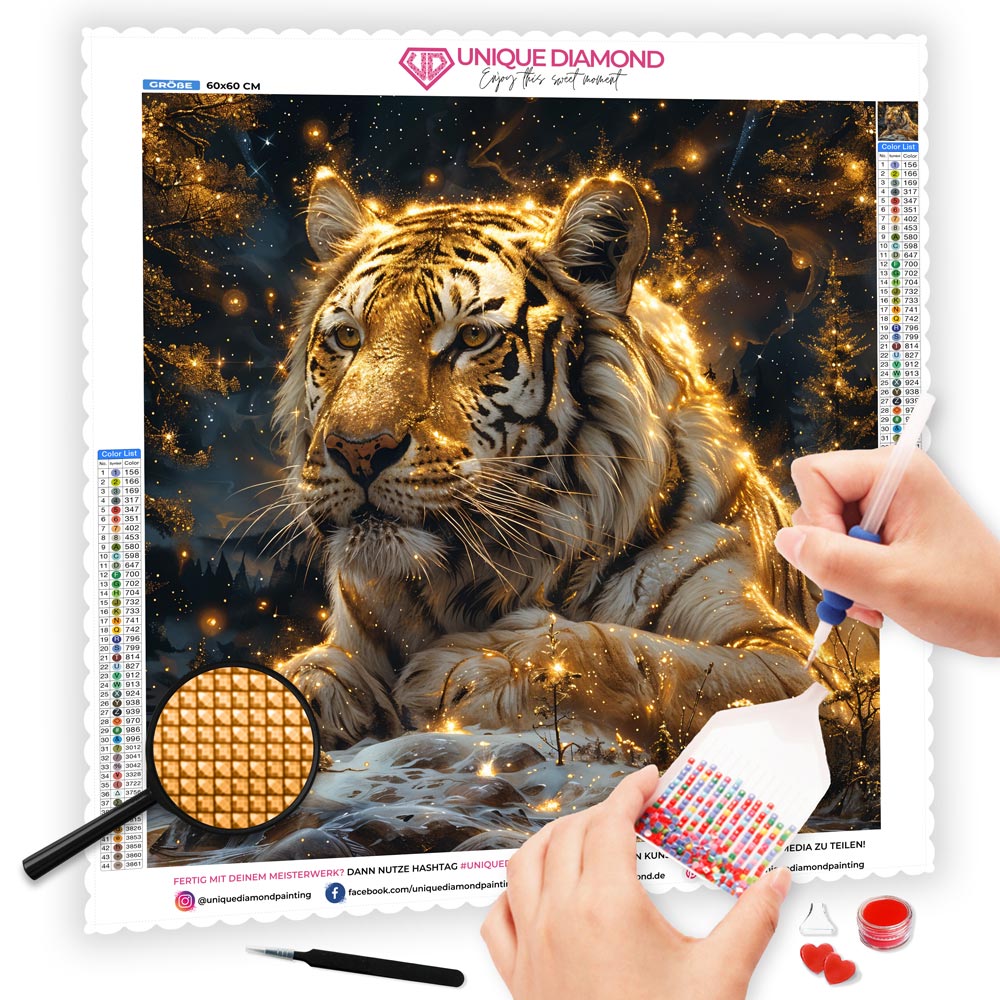 5D Diamond Painting mit AB-Effekt - Tiger im Winterwald mit 100 Farben, Unique-Diamond