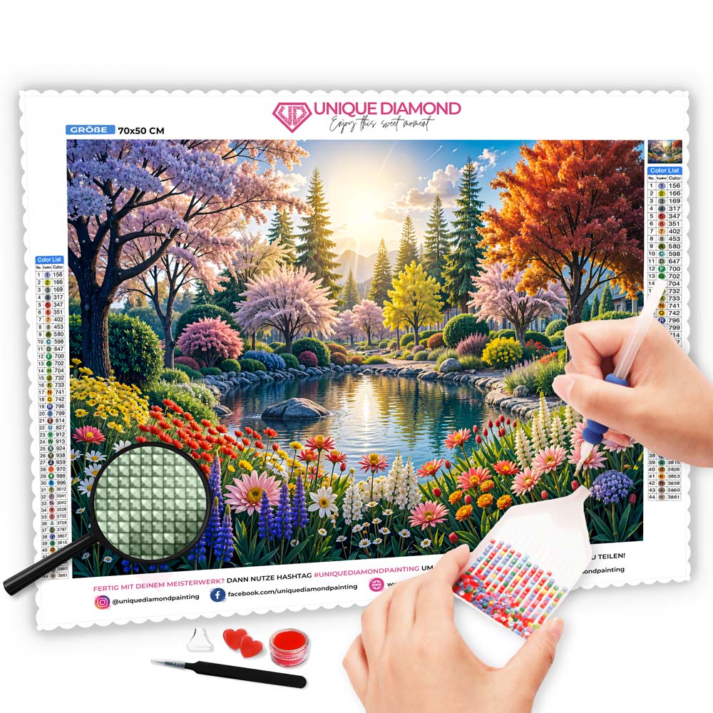 5D Diamond Painting mit AB-Effekt - Zauberhafte Gartenidylle mit 100 Farben, Unique-Diamond