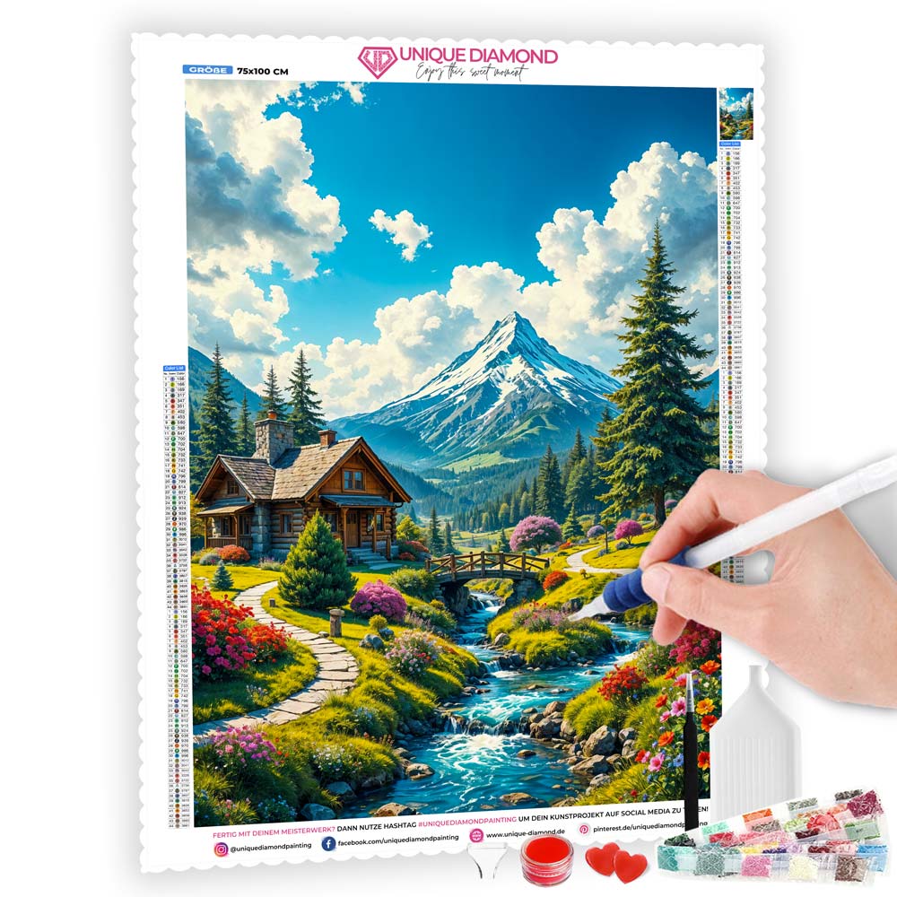 5D Diamond Painting mit AB-Effekt – Berghütte am Bachlauf mit 100 Farben, Unique-Diamond