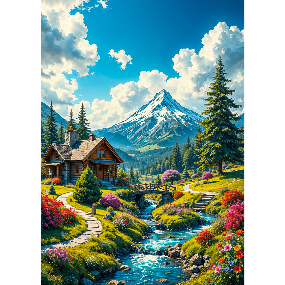 5D Diamond Painting mit AB-Effekt – Berghütte am Bachlauf mit 100 Farben, Unique-Diamond