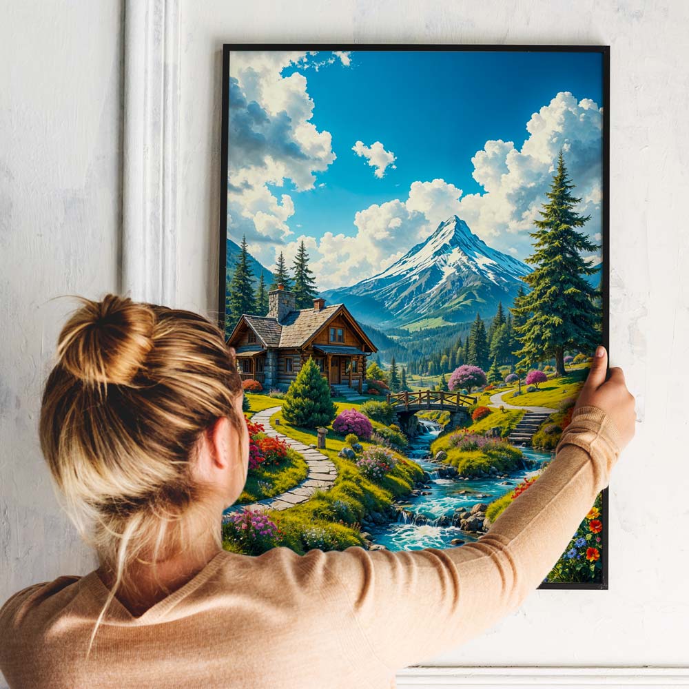 5D Diamond Painting mit AB-Effekt – Berghütte am Bachlauf mit 100 Farben, Unique-Diamond