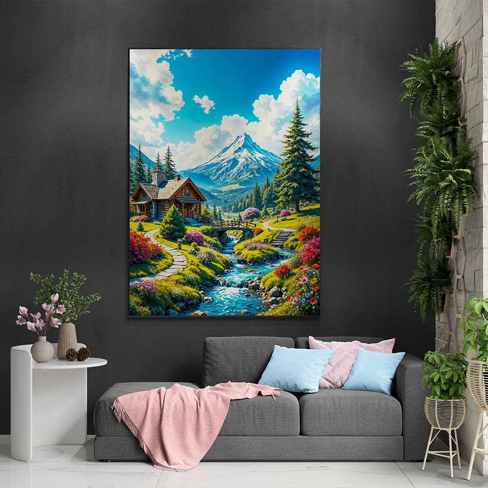 5D Diamond Painting mit AB-Effekt – Berghütte am Bachlauf mit 100 Farben, Unique-Diamond